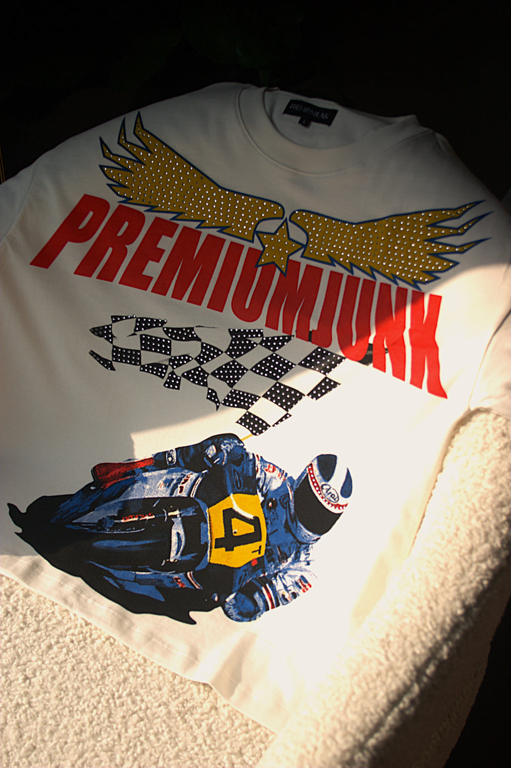 Premiumjunk Crop Racing Tee (White w/Rhinestones)